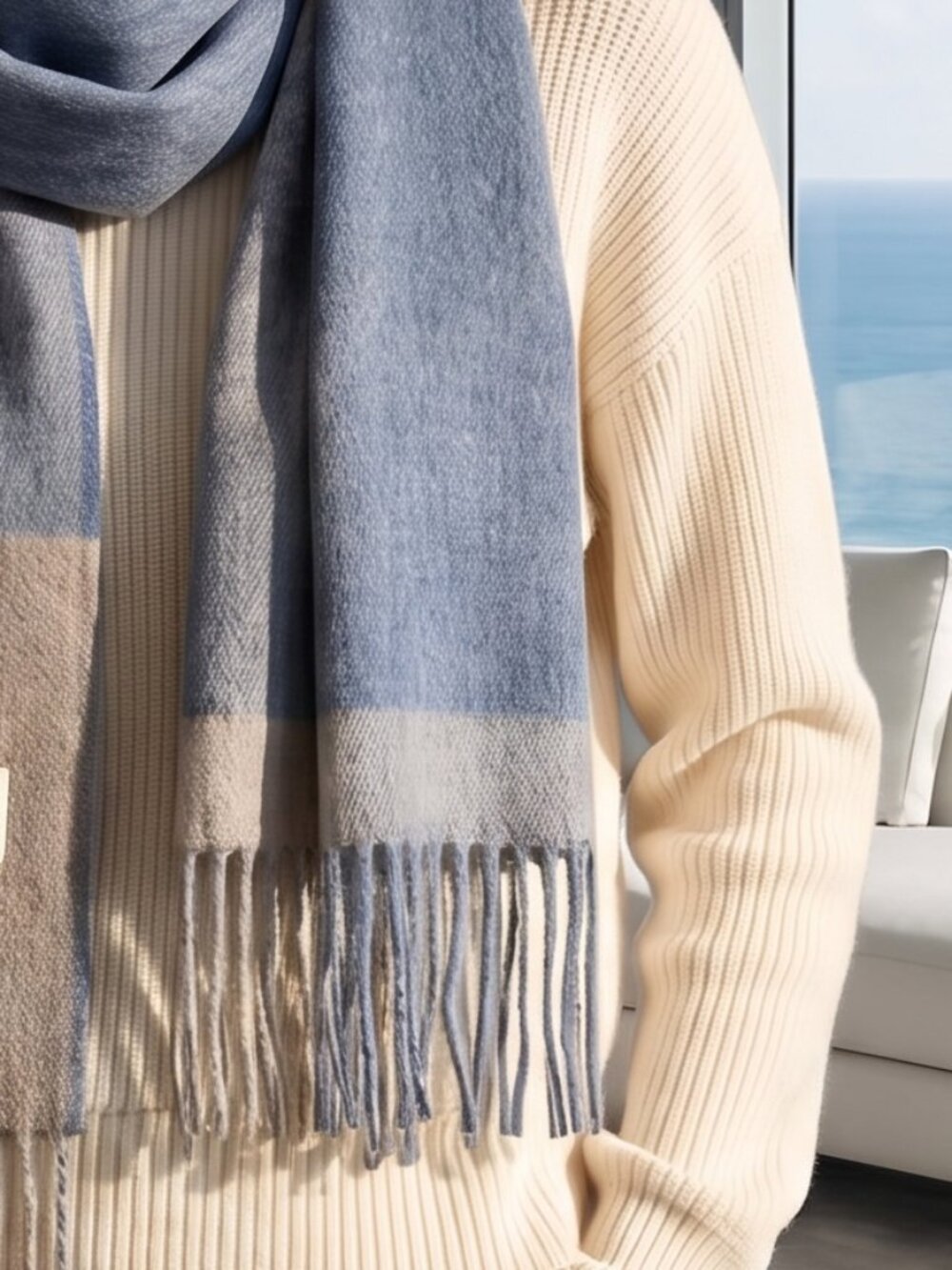 NWT $128 Anthropologie 100% wool scarf 13 x 72 blue on gray